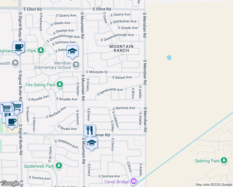 map of restaurants, bars, coffee shops, grocery stores, and more near 4114 South Clancy in Mesa