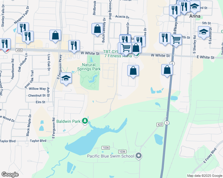 map of restaurants, bars, coffee shops, grocery stores, and more near 1020 Ethan Circle in Anna