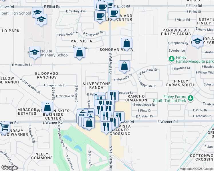 map of restaurants, bars, coffee shops, grocery stores, and more near 1570 East Saratoga Court in Gilbert