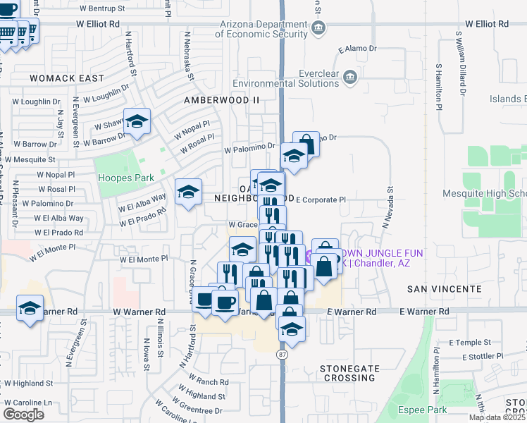 map of restaurants, bars, coffee shops, grocery stores, and more near 2200 North Arizona Avenue in Chandler
