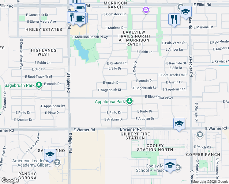 map of restaurants, bars, coffee shops, grocery stores, and more near 3466 East Sagebrush Street in Gilbert