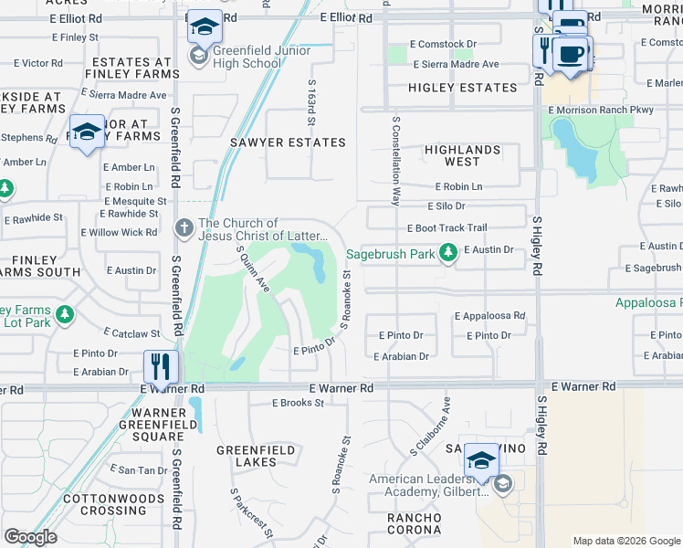 map of restaurants, bars, coffee shops, grocery stores, and more near 566 South Roanoke Street in Gilbert