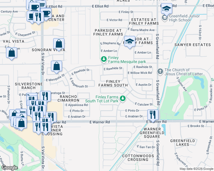map of restaurants, bars, coffee shops, grocery stores, and more near 2065 East Smoke Tree Road in Gilbert