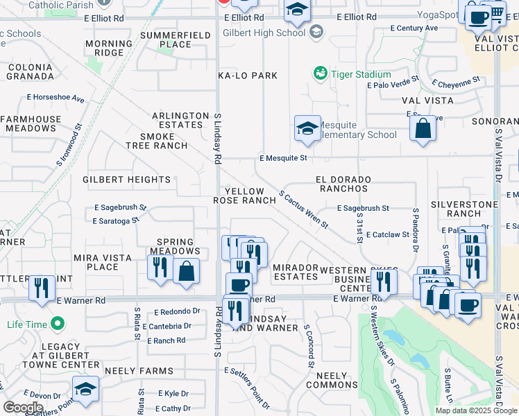 map of restaurants, bars, coffee shops, grocery stores, and more near 879 East Rawhide Court in Gilbert