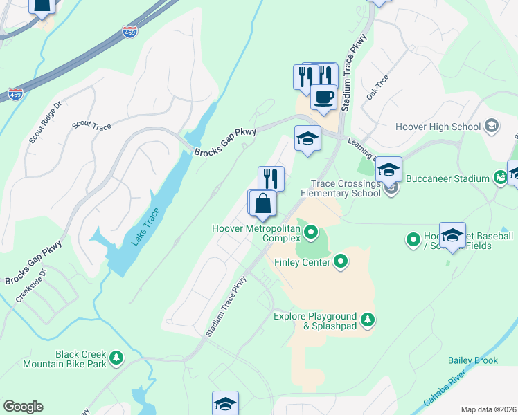 map of restaurants, bars, coffee shops, grocery stores, and more near 5612 Chestnut Trace in Hoover