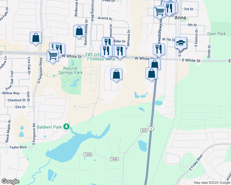 map of restaurants, bars, coffee shops, grocery stores, and more near 713 Westwood Court in Anna