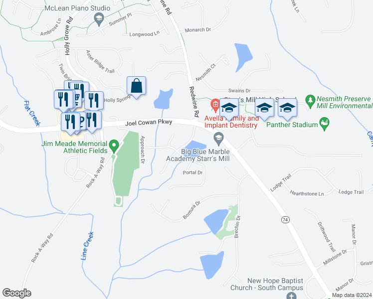 map of restaurants, bars, coffee shops, grocery stores, and more near 203 Gates Entry in Peachtree City