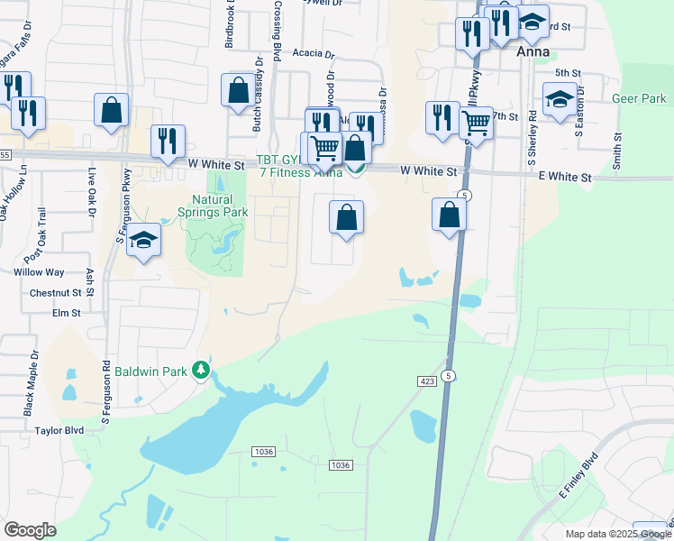 map of restaurants, bars, coffee shops, grocery stores, and more near 713 Westwood Court in Anna