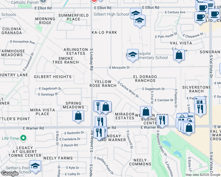 map of restaurants, bars, coffee shops, grocery stores, and more near 526 South Cactus Wren Street in Gilbert