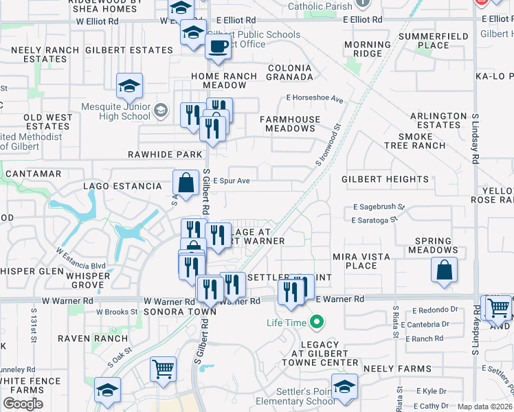 map of restaurants, bars, coffee shops, grocery stores, and more near 155 East Water Tank Road in Gilbert