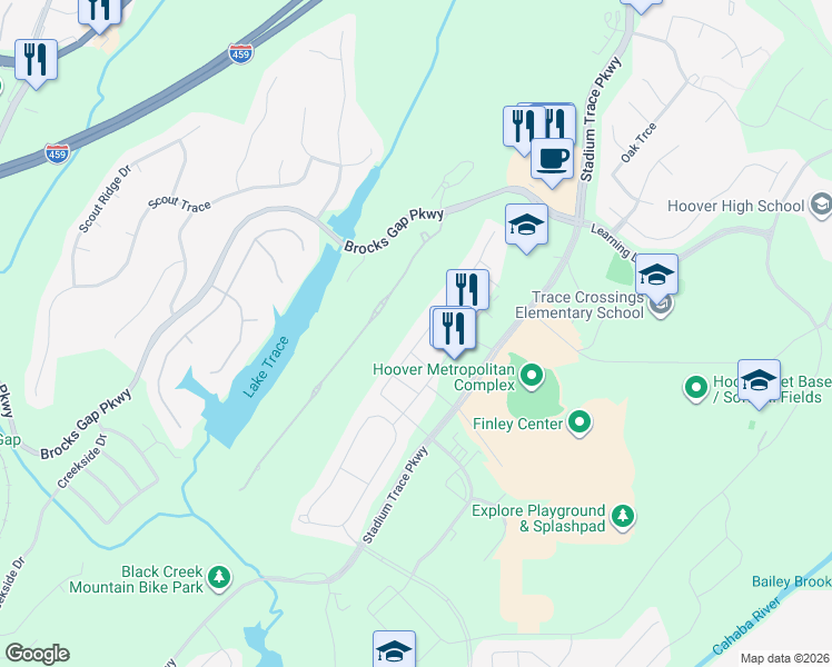 map of restaurants, bars, coffee shops, grocery stores, and more near 5680 Chestnut Trace in Hoover