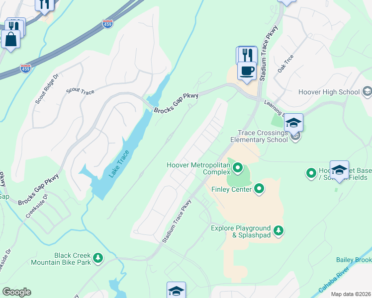 map of restaurants, bars, coffee shops, grocery stores, and more near 5680 Chestnut Trace in Hoover