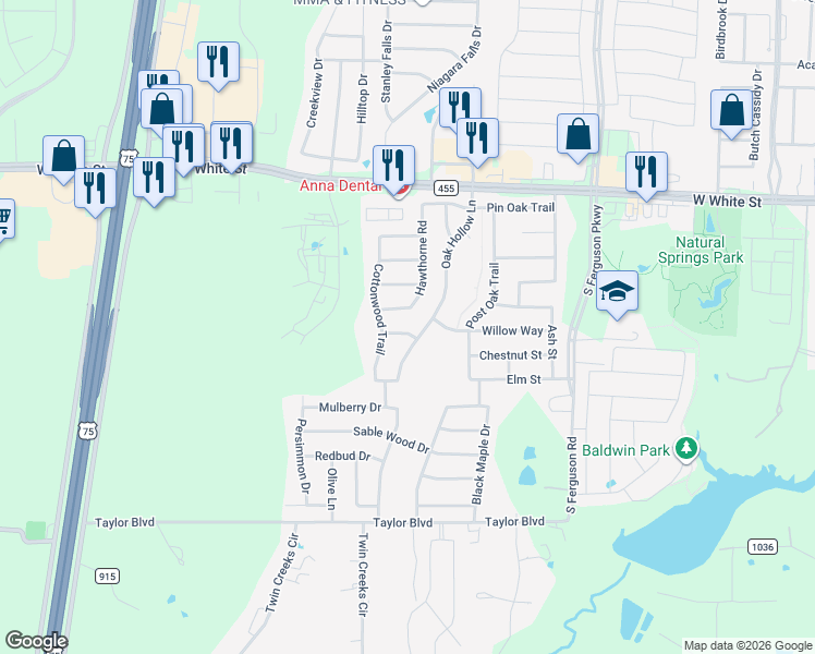 map of restaurants, bars, coffee shops, grocery stores, and more near 2010 Hickory Trail in Anna