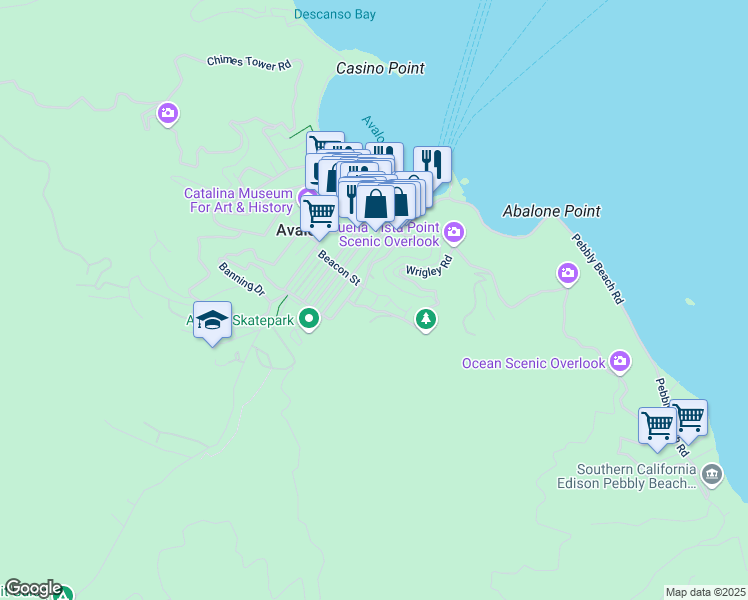 map of restaurants, bars, coffee shops, grocery stores, and more near 95 Canyon Terrace Road in Avalon