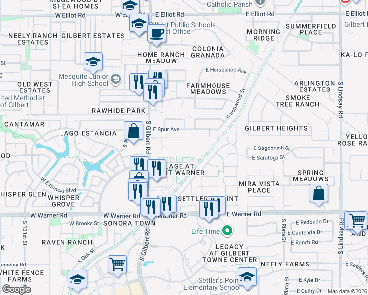 map of restaurants, bars, coffee shops, grocery stores, and more near 155 East Water Tank Road in Gilbert