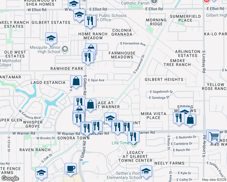 map of restaurants, bars, coffee shops, grocery stores, and more near 155 East Water Tank Road in Gilbert