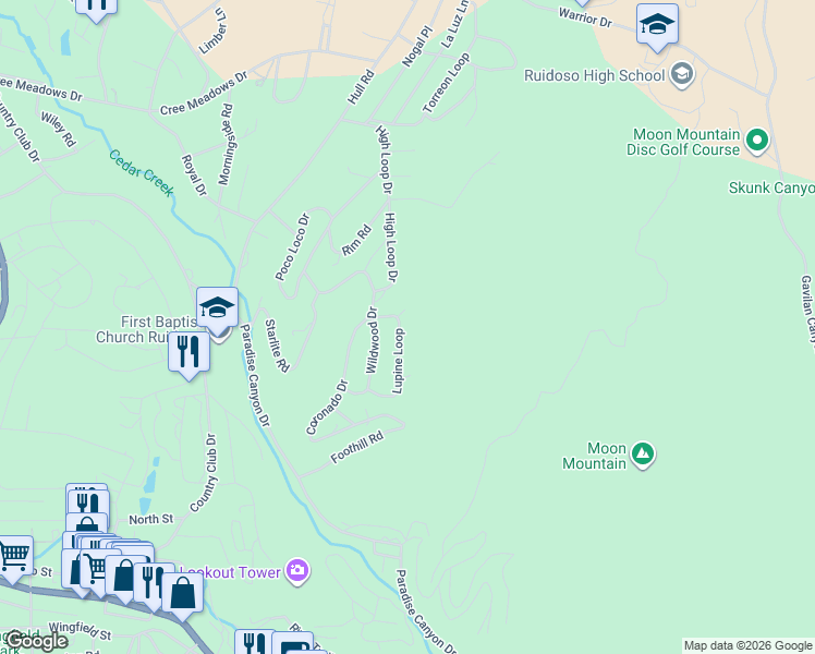map of restaurants, bars, coffee shops, grocery stores, and more near 130 Lupine Loop in Ruidoso
