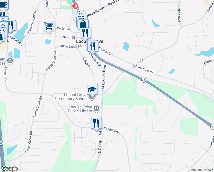 map of restaurants, bars, coffee shops, grocery stores, and more near 84 Martin Luther King Jr. Boulevard in Locust Grove