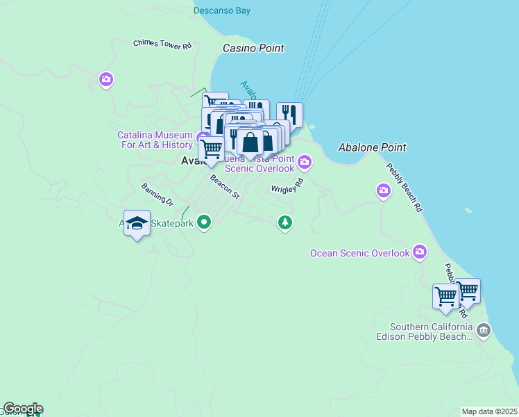 map of restaurants, bars, coffee shops, grocery stores, and more near 95 Canyon Terrace Road in Avalon