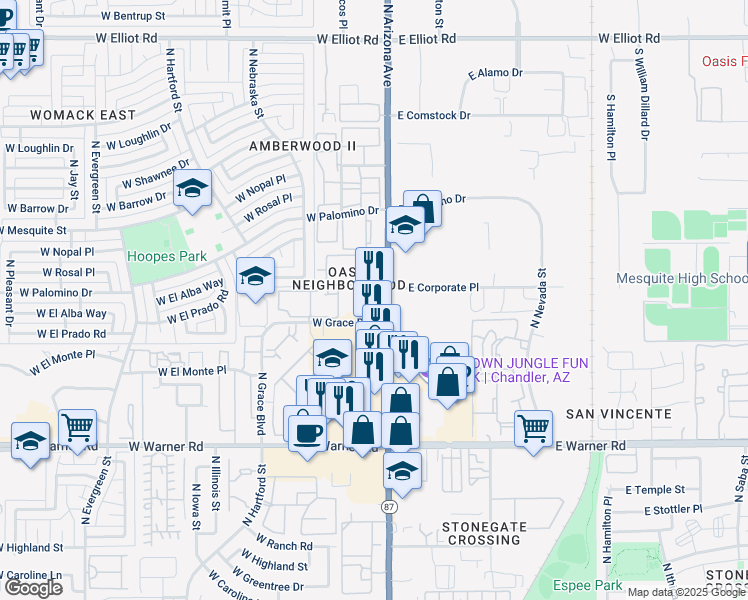 map of restaurants, bars, coffee shops, grocery stores, and more near 2200 North Arizona Avenue in Chandler