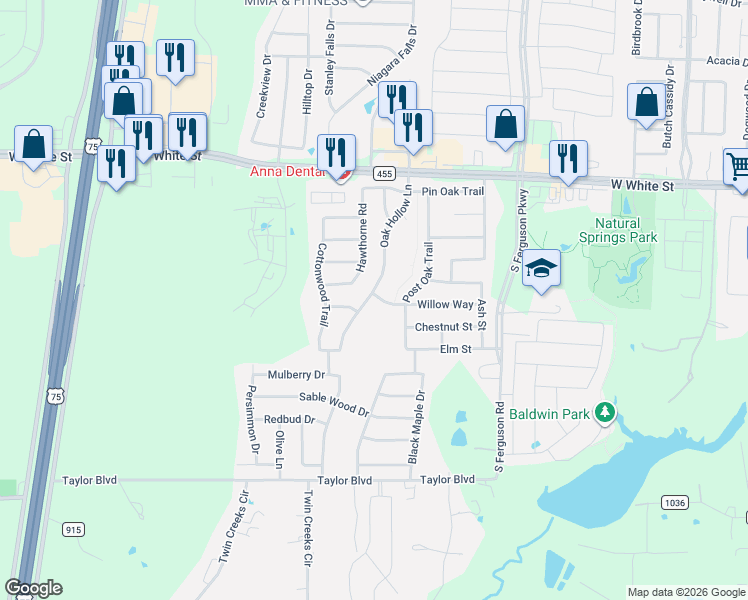 map of restaurants, bars, coffee shops, grocery stores, and more near 1201 Oak Hollow Lane in Anna