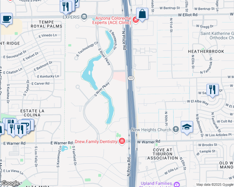 map of restaurants, bars, coffee shops, grocery stores, and more near 8333 South River Parkway in Tempe