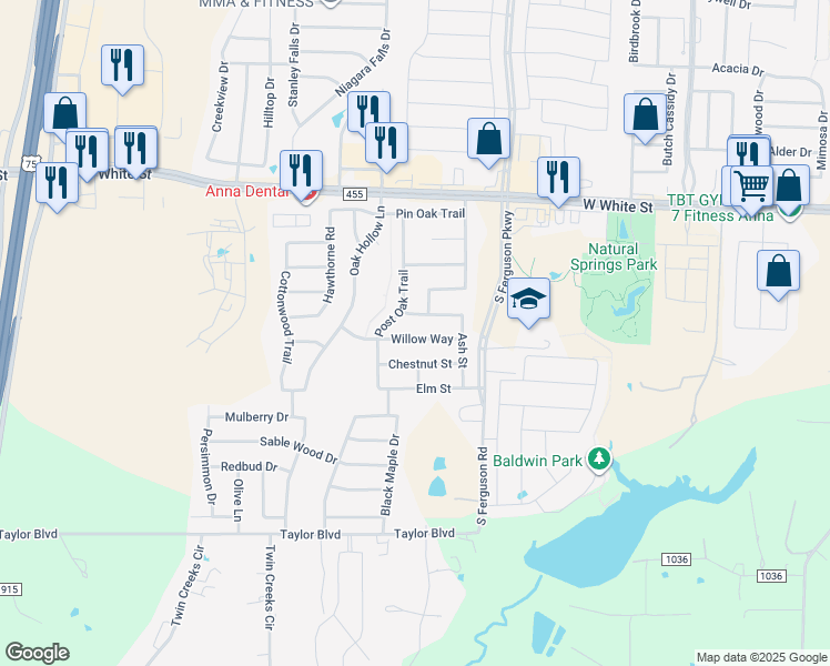 map of restaurants, bars, coffee shops, grocery stores, and more near 1714 Willow Way in Anna