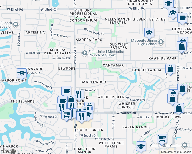 map of restaurants, bars, coffee shops, grocery stores, and more near 649 West Sagebrush Street in Gilbert