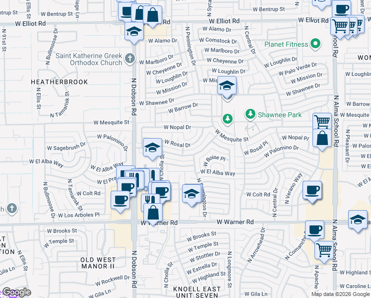 map of restaurants, bars, coffee shops, grocery stores, and more near 1719 West Rosal Drive in Chandler