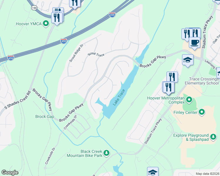 map of restaurants, bars, coffee shops, grocery stores, and more near 5594 Lake Trace Drive in Birmingham