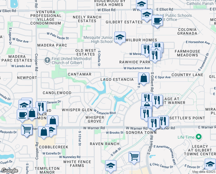 map of restaurants, bars, coffee shops, grocery stores, and more near 542 S Pueblo St in Gilbert