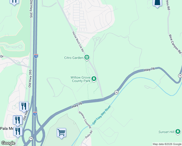map of restaurants, bars, coffee shops, grocery stores, and more near 34720 Mustang Lane in Fallbrook
