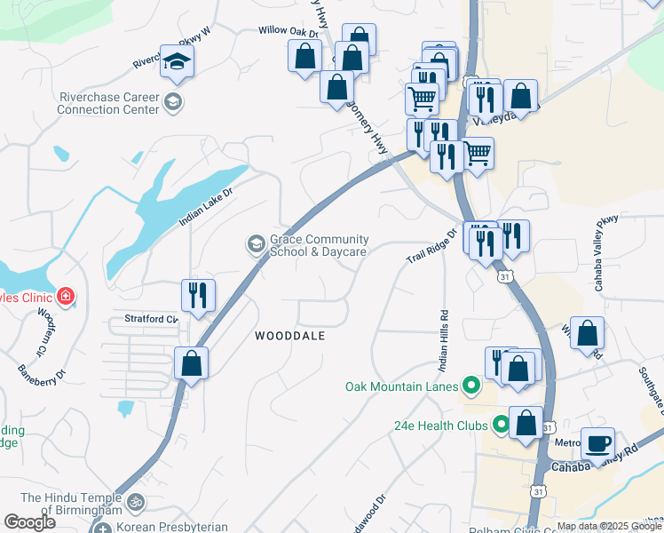 map of restaurants, bars, coffee shops, grocery stores, and more near 4530 Wooddale Dr in Pelham