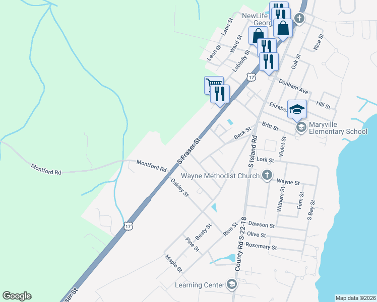 map of restaurants, bars, coffee shops, grocery stores, and more near 1710 South Fraser Street in Georgetown