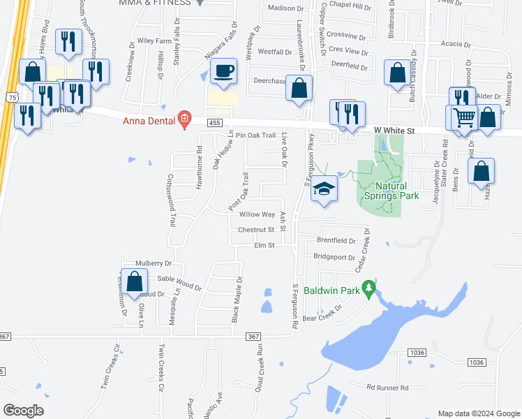map of restaurants, bars, coffee shops, grocery stores, and more near 1702 Willow Way in Anna