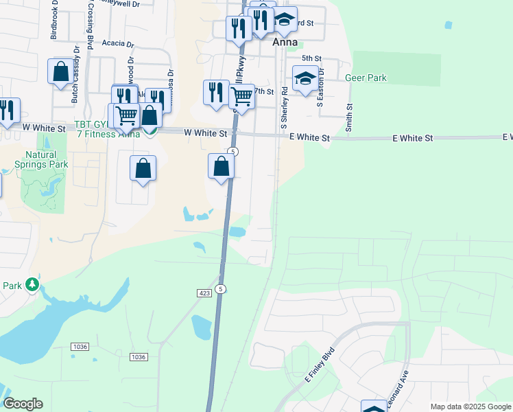 map of restaurants, bars, coffee shops, grocery stores, and more near 1107 South Interurban Street in Anna