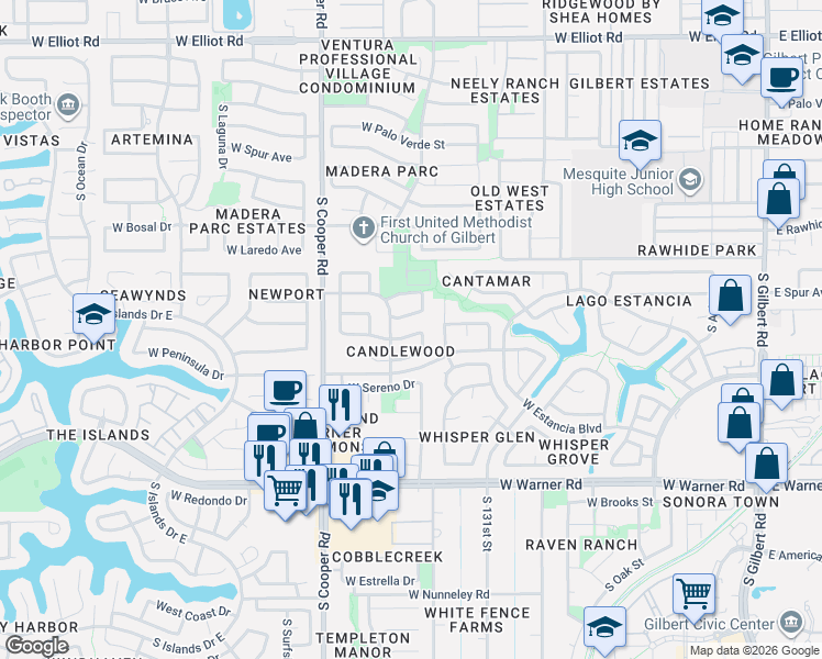 map of restaurants, bars, coffee shops, grocery stores, and more near 649 West Sagebrush Street in Gilbert