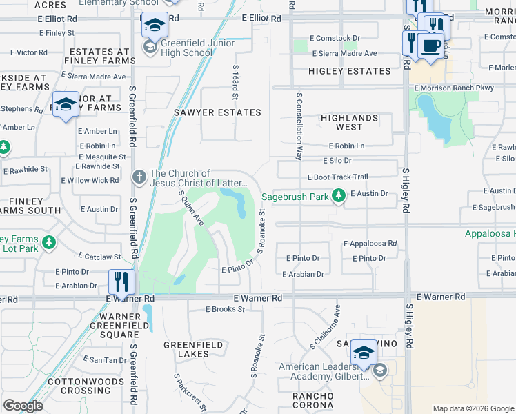 map of restaurants, bars, coffee shops, grocery stores, and more near 566 South Roanoke Street in Gilbert