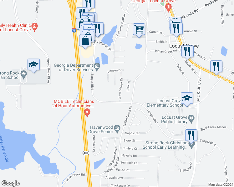 map of restaurants, bars, coffee shops, grocery stores, and more near 315 Clover Brook Drive in Locust Grove