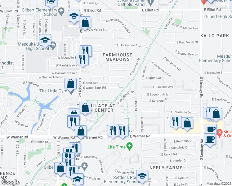 map of restaurants, bars, coffee shops, grocery stores, and more near 165 E Water Tank Rd in Gilbert