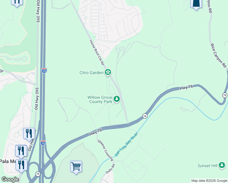 map of restaurants, bars, coffee shops, grocery stores, and more near 34720 Mustang Lane in Fallbrook