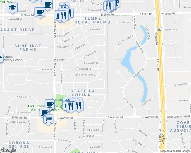 map of restaurants, bars, coffee shops, grocery stores, and more near 1958 East Calle De Caballos in Tempe