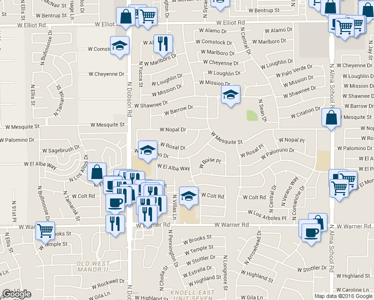 map of restaurants, bars, coffee shops, grocery stores, and more near 1719 West Rosal Drive in Chandler