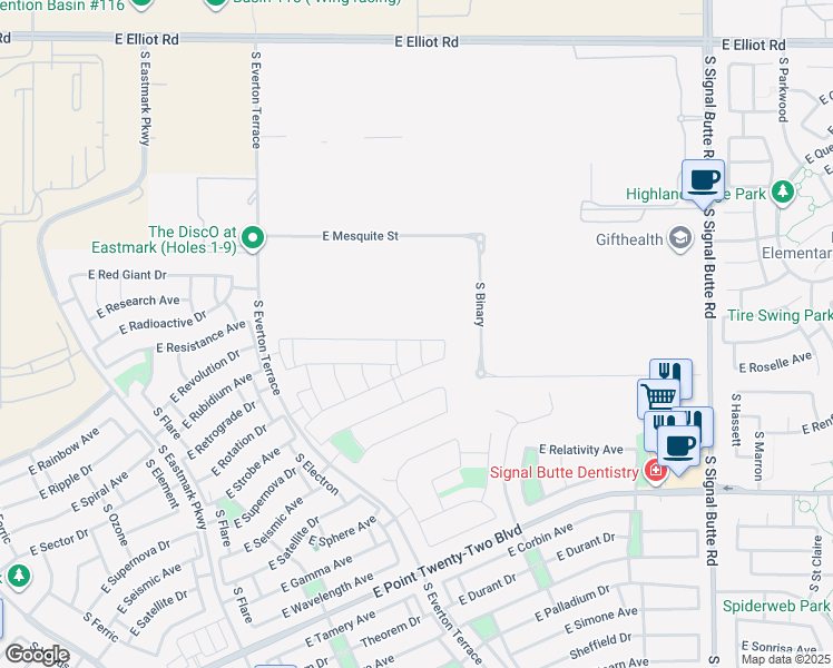 map of restaurants, bars, coffee shops, grocery stores, and more near 10260 East Revolution Drive in Mesa