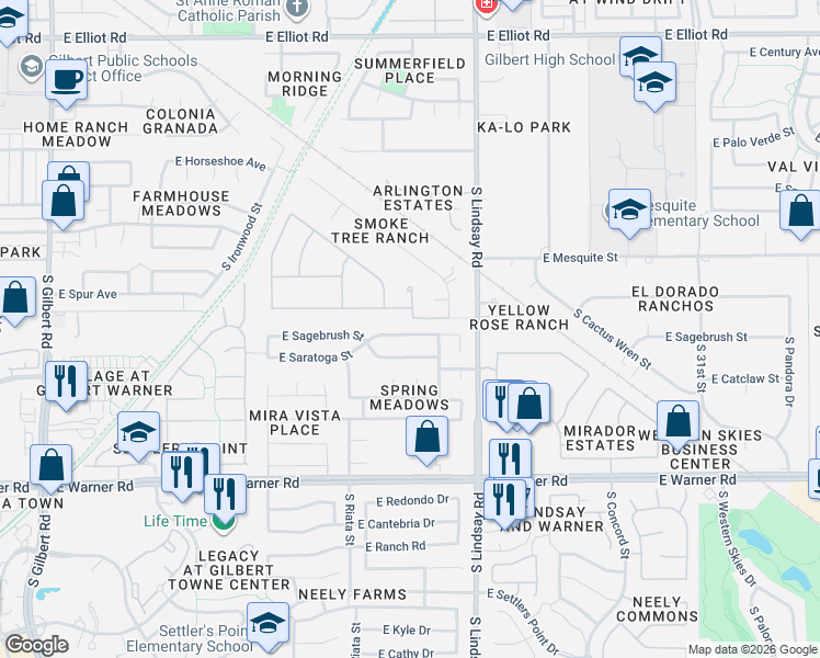 map of restaurants, bars, coffee shops, grocery stores, and more near 642 East Sagebrush Street in Gilbert