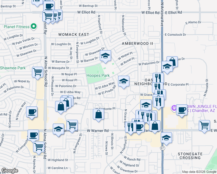 map of restaurants, bars, coffee shops, grocery stores, and more near 506 West El Prado Road in Chandler