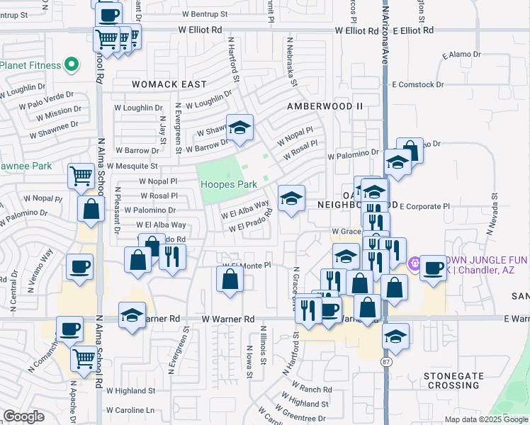 map of restaurants, bars, coffee shops, grocery stores, and more near 506 West El Prado Road in Chandler