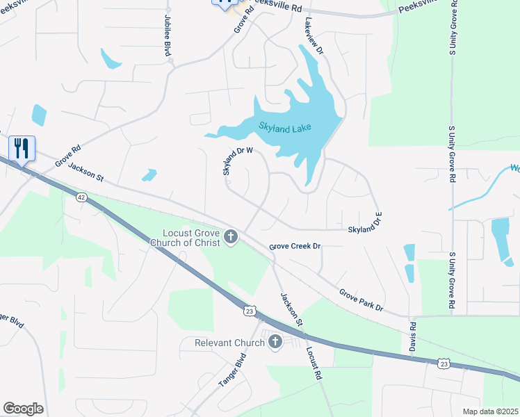 map of restaurants, bars, coffee shops, grocery stores, and more near 1 Skyland Drive in Locust Grove