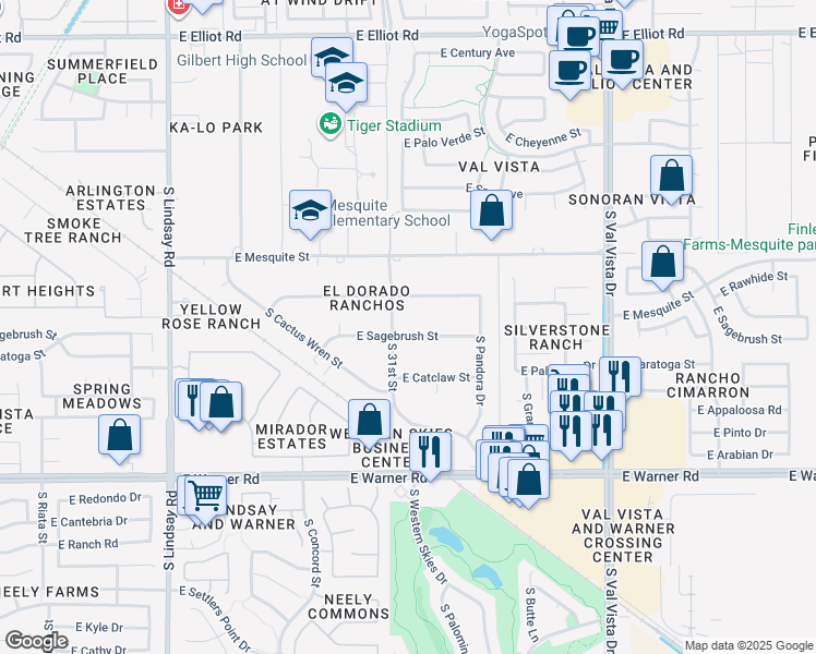 map of restaurants, bars, coffee shops, grocery stores, and more near 3534 East Sagebrush Street in Gilbert
