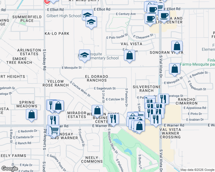 map of restaurants, bars, coffee shops, grocery stores, and more near 3466 East Sagebrush Street in Gilbert